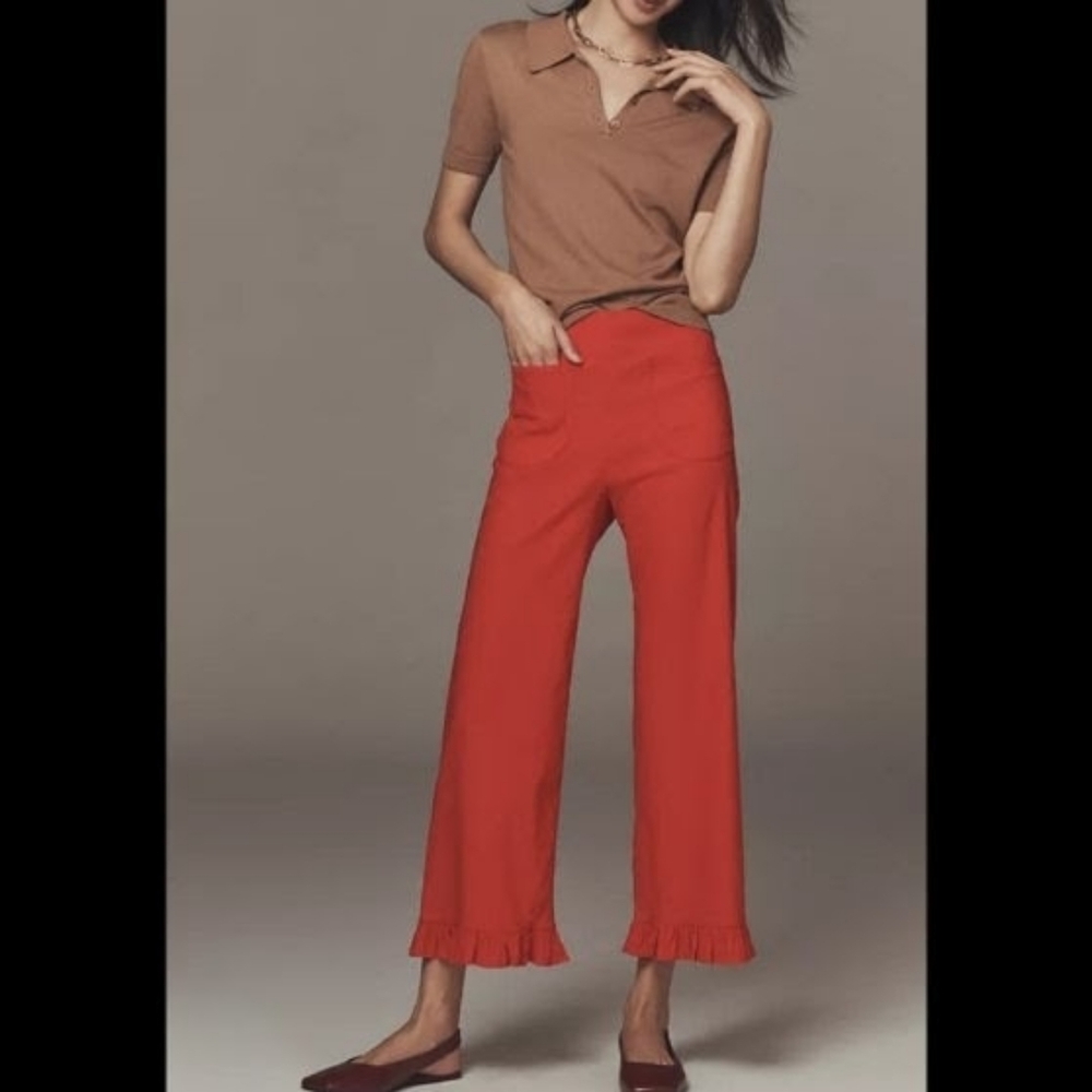Anthropologie Red Cropped Ruffle-Hem Pants